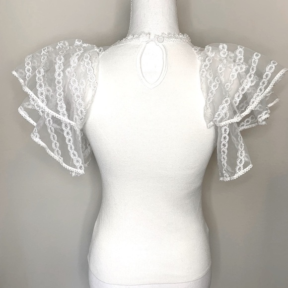 La’ Ros White Boho Sequin Flutter Sleeve Top Sweater Women Size Small - Picture 2 of 10